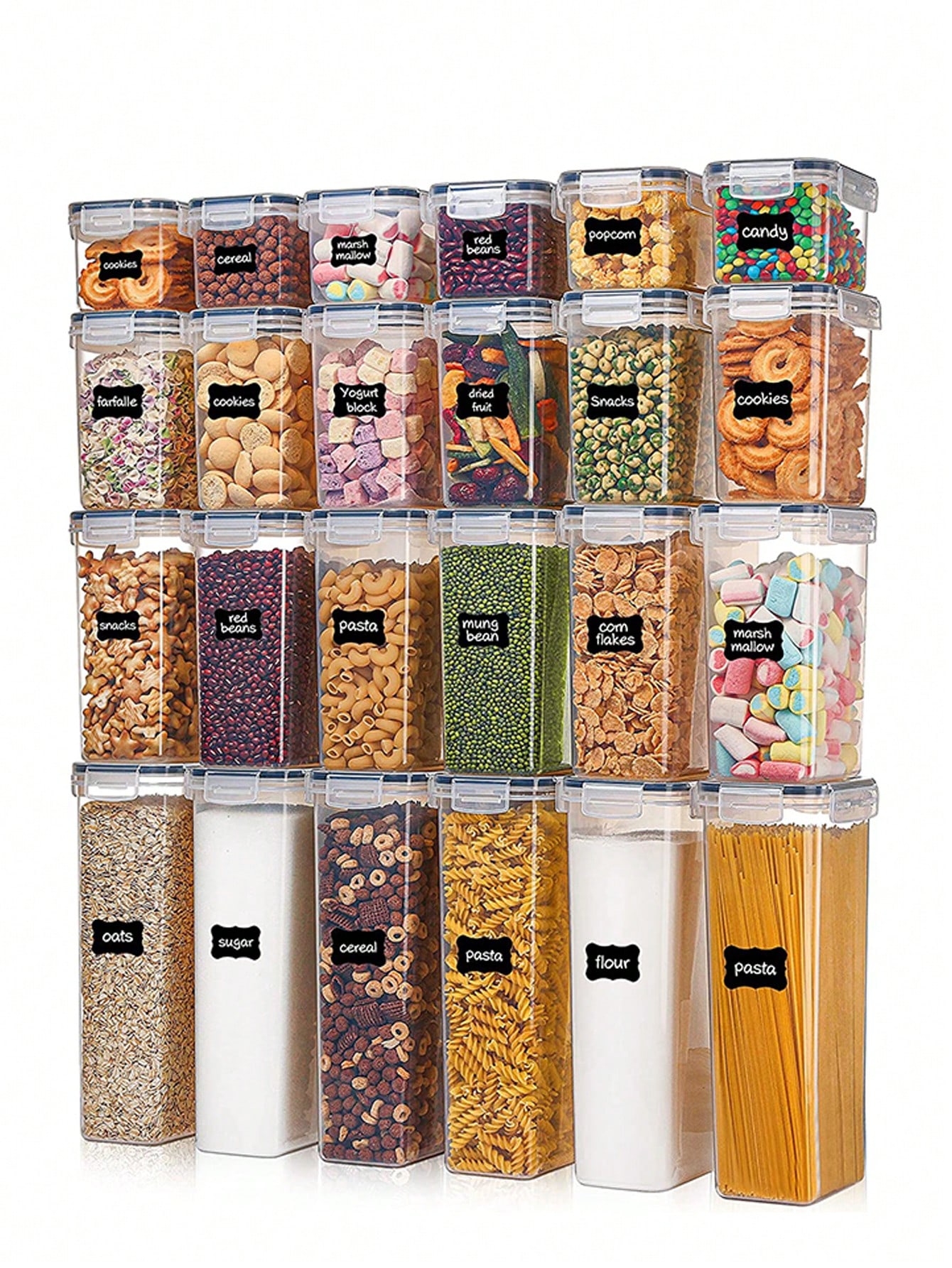 Lock And Lock Food Storage - ชุดภาชนะเก็บอาหารแบบปิดสนิท 48 ชิ้น, แถมฟรีภาชนะพลาสติกสำหรับเก็บสปาเก็ตตี้พร้อมฝาปิดล็อกง่าย, สำหรับการจัดระเบียบและจัดเก็บในครัว, รวมถึงป้ายติดสินค้า,