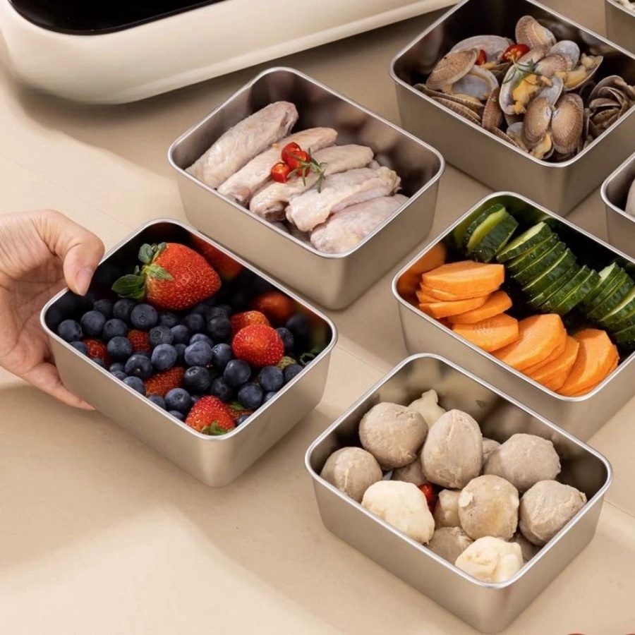 Food Storage Box Stainless Steel - กล่องเก็บอาหารสแตนเลสทรงสี่เหลี่ยม 1-2-3 ชิ้น กล่องจัดระเบียบตู้เย็น กล่องเก็บของเตรียมอาหารในครัว