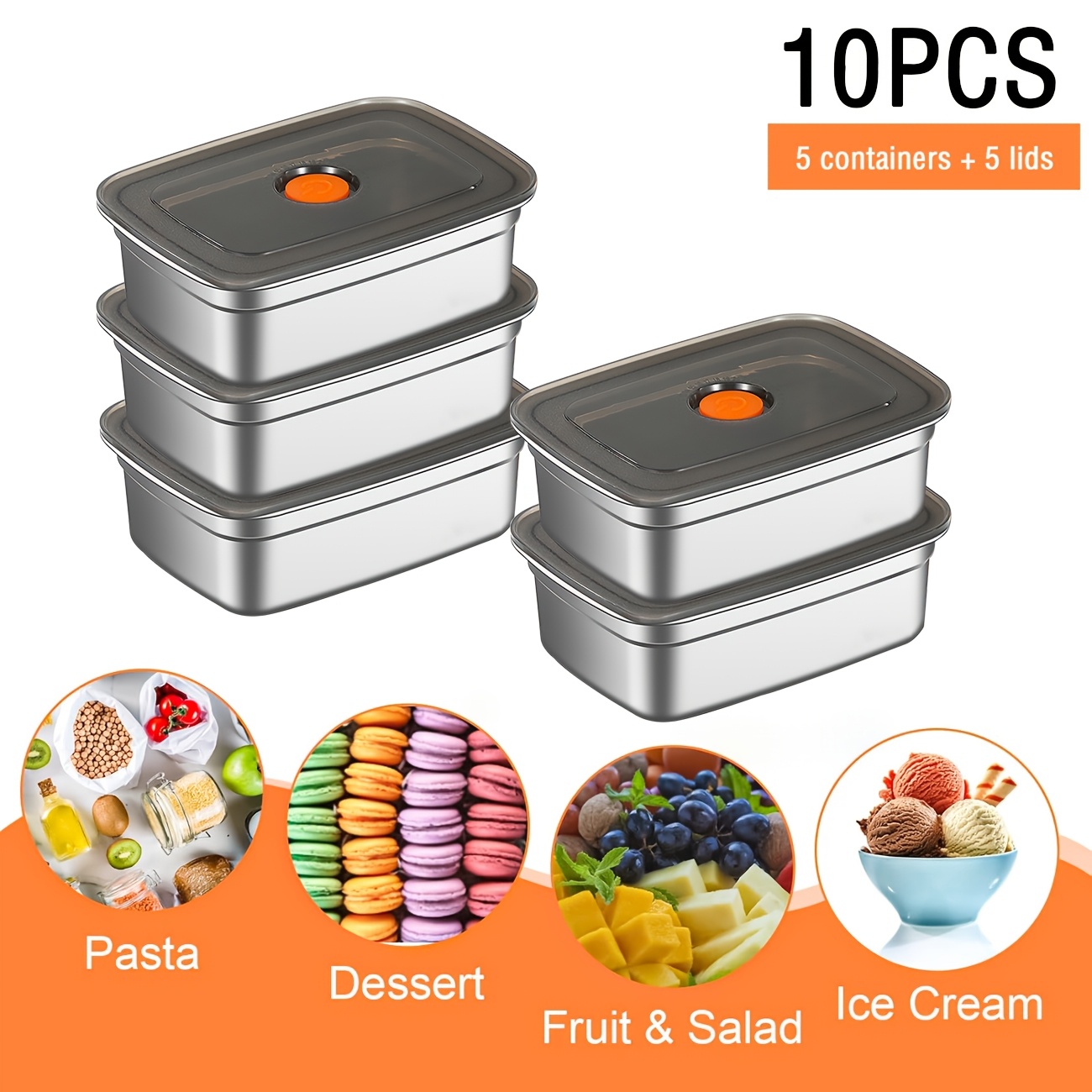 Food Storage Restaurant - ชุดกล่องถนอมอาหารสแตนเลส 10 ชิ้น พร้อมฝาปิด ป้องกันการรั่วซึม ใช้กับช่องแช่แข็ง/ไมโครเวฟได้