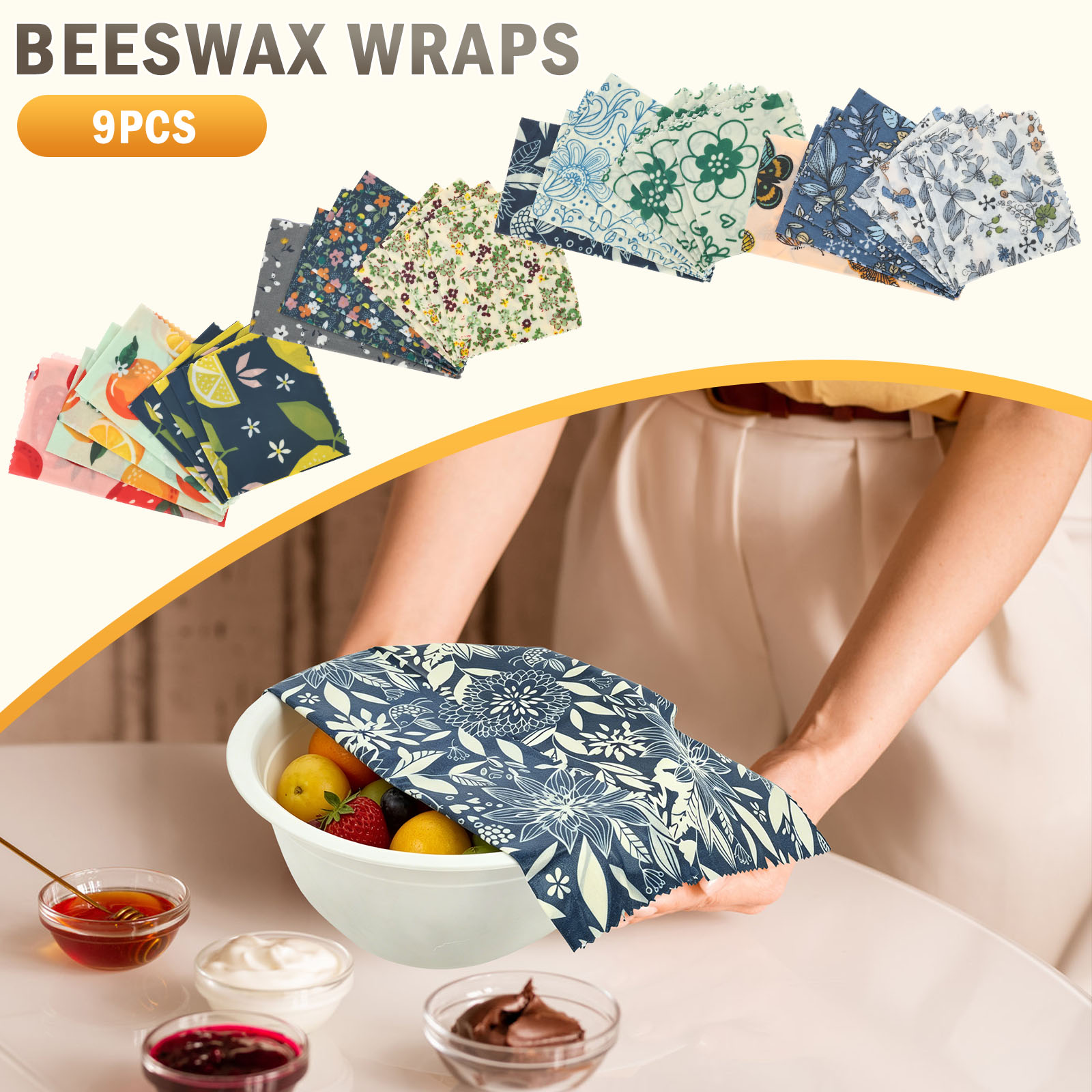 Beeswax Food Wrap - ผ้าห่ออาหารออร์แกนิคจากขี้ผึ้ง 9 ชิ้น ใช้ซ้ำได้ 3 ขนาด