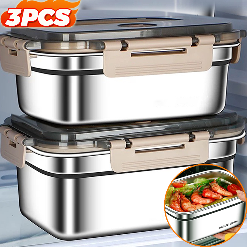 Food Storage Box Stainless Steel - กล่องเบนโตะความจุขนาดใหญ่ กล่องอาหารกลางวันสแตนเลสพร้อมฝาปิด เหมาะสำหรับไมโครเวฟ ตู้เย็น กล่องเก็บอาหารป้องกันการรั่วซึม
