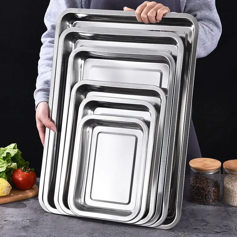 Food Storage Restaurant - สแตนเลสบาร์บีคิวชาเก็บถาดเสิร์ฟสี่เหลี่ยมผืนผ้าข้าวนึ่งไส้กรอกแผ่นย่างเนื้อร้านอาหารเครื่องครัวโลหะ