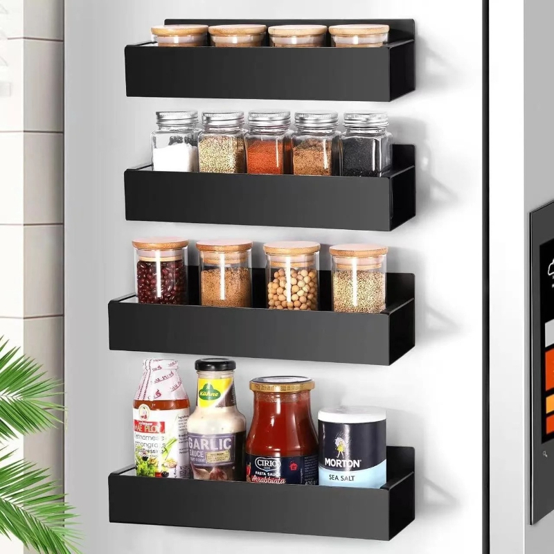 Food Storage Rack For Kitchen - ชั้นวางเครื่องเทศแม่เหล็กสีดำ 2 ชิ้น สำหรับติดตู้เย็น ไม่ต้องเจาะ ชั้นวางของในครัวสำหรับจัดระเบียบเครื่องเทศและอาหาร