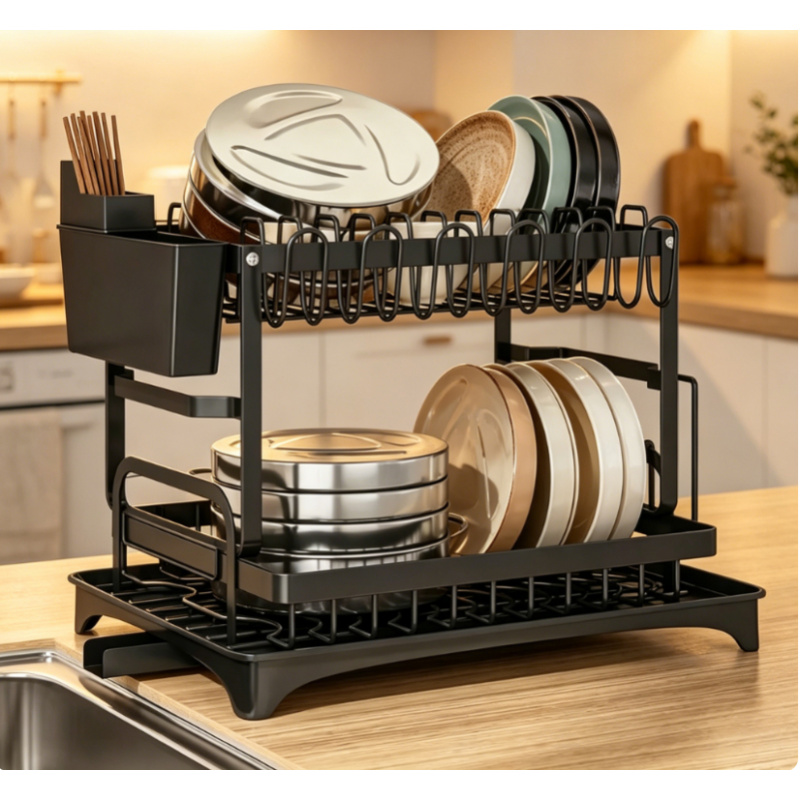 Food Storage Shelving - ชั้นวางจานโลหะ 2 ชั้น ขนาดใหญ่ พรีเมียม พร้อมถาดรองน้ำ