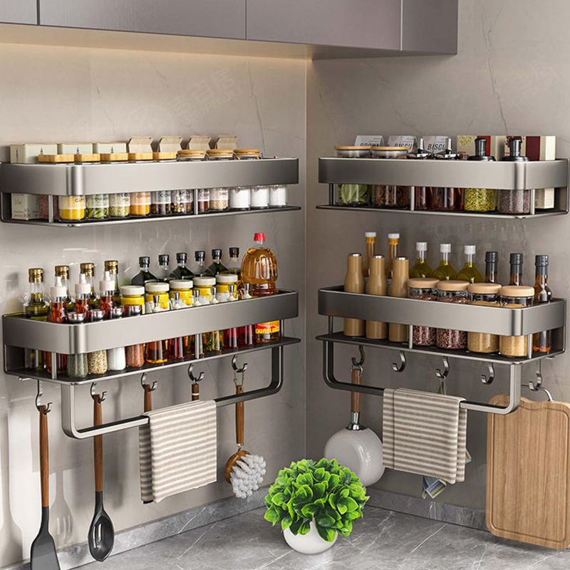 Food Storage Shelving - ชั้นวางของในครัวอะลูมิเนียม ชั้นวางของในห้องน้ำ ไม่ต้องเจาะผนัง ชั้นวางแขวน ติดผนัง สำหรับห้องครัว