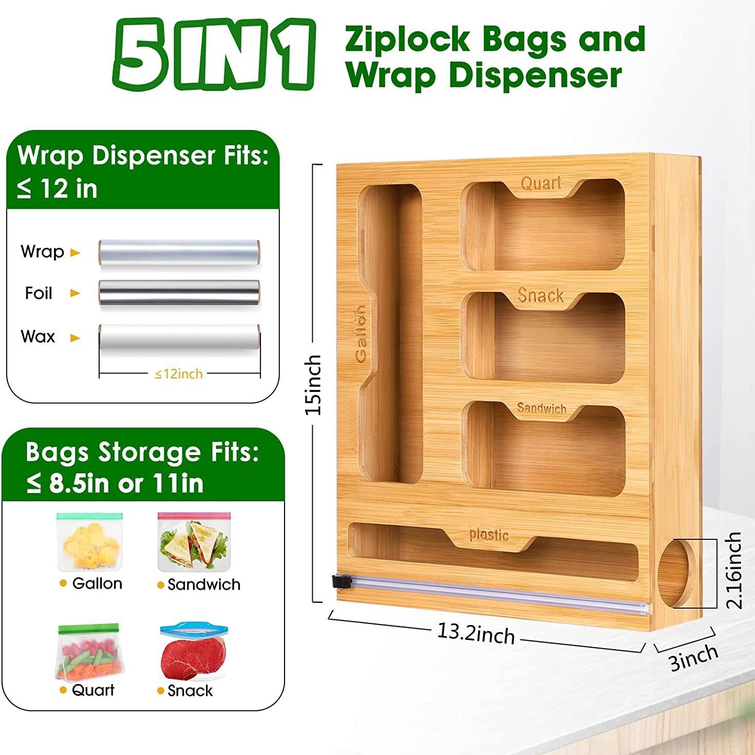 Food Storage Rack For Kitchen - ชั้นวางของแบบมีซิปล็อคทำจากไม้ไผ่ชั้นเก็บของห้องครัวตัวจัดระเบียบพร้อมเครื่องตัดสำหรับที่ใส่กระเป๋าอาหาร