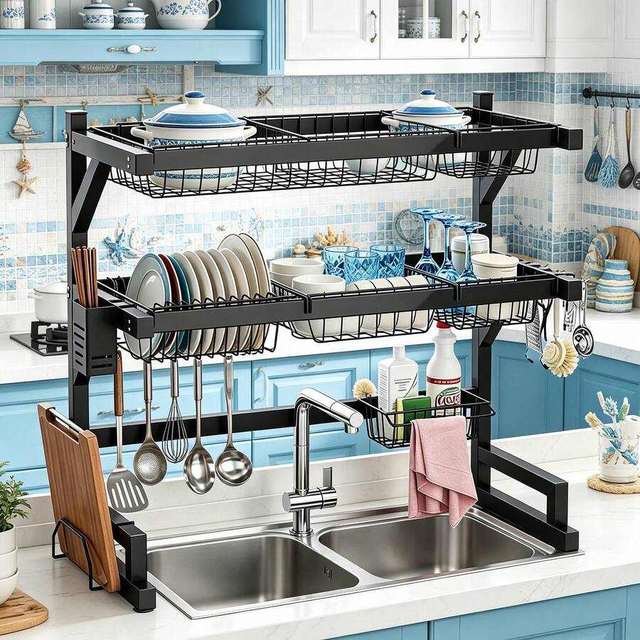 Food Storage Rack For Kitchen - ชั้นวางจานเหนืออ่างล้างจาน 2 ชั้น, ชั้นวางจานแบบแข็งแรงทนทาน พร้อมตะกร้าและตะขอแขวนสำหรับครัวขนาดเล็กในอพาร์ทเมนต์