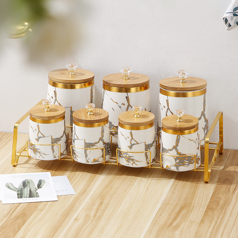 Food Storage Rack For Kitchen - อุปกรณ์ครัว Golden หินอ่อน Airtight กระปุกเซรามิคขวดฝาปิดเก็บเครื่องเทศ Racks